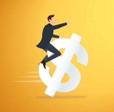 A man riding dollar icon vector. business concept illustration. way to success. Illustrazione stock