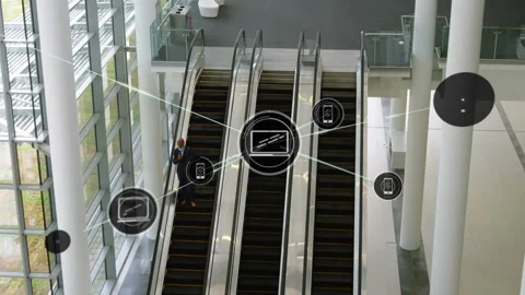 Man riding escalator on phone while single node emerging and branching tech Video stock 326974042