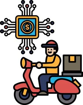 A man is riding a motorcycle with a box on the back Stock Illustration