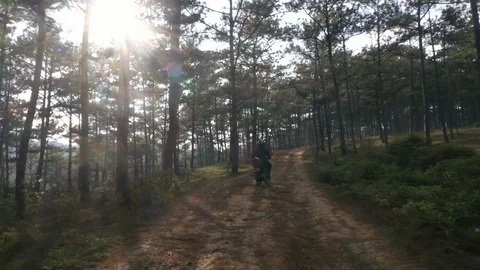 Man Riding Motorcycle Down Forest Road Drone Video Stock Footage 125537828