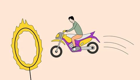 Man is riding a motorcycle through a ring fire. an extreme sport Stock Illustration