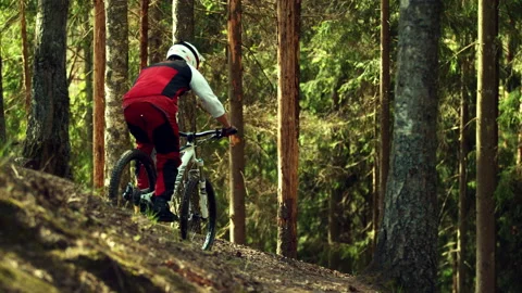 A man riding mtb down the hill in a forest in super slow motion Stock Footage 146853431