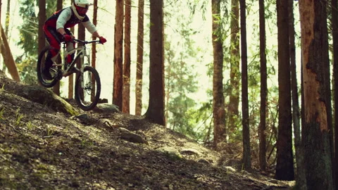 A man riding mtb down the hill in a forest in super slow motion Stock Footage 146853500