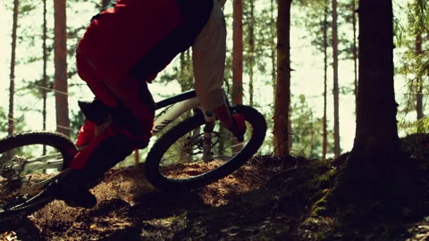 A man riding mtb down the hill in a forest in super slow motion Stock Footage 146856527