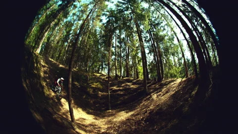 A man riding mtb down the hill in a forest in super slow motion, fisheye view Stock Footage 146857489