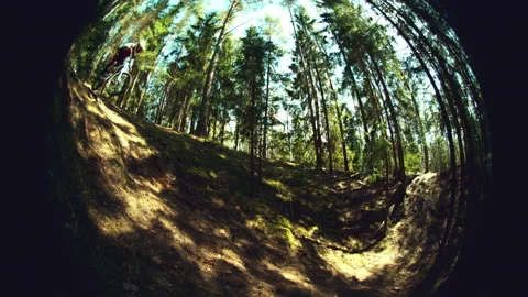 A man riding mtb down the hill in a forest in super slow motion, fisheye view Stock Footage 146857666