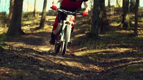 A man riding mtb down the hill in a forest in super slow motion Stock Footage 146859036