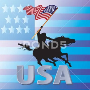 Man Riding Mustang Horse Carrying The American Flag Stock Illustration