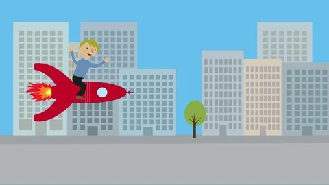 Man riding on a rocket in city. Animated character with flat design. Stock Footage 73104726