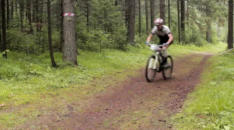 Man riding round the bend on mountain bike in forest Stock Footage 52999857