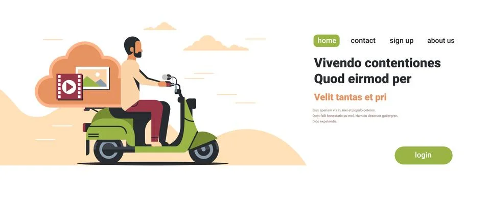 Man riding scooter with cloud computing database storage synchronization serv 스톡 일러스트