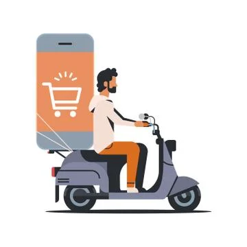 Man riding scooter with mobile application online shopping concept isolated f Illustrazione stock