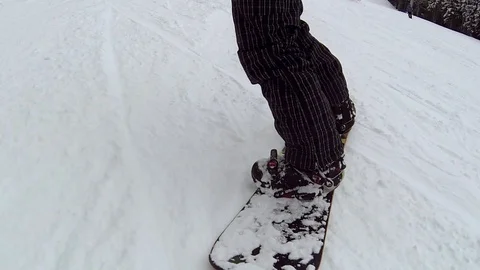 A man is riding a snowboard, close-up on the front Stock Footage 88921592