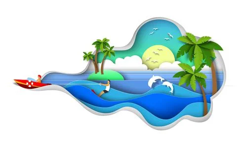 Man riding water ski, vector paper cut illustration. Water skiing, wakeboarding Illustrazione stock
