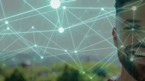 Man at right shifting neutral to smile as network nodes and lines expanding, Stock Footage 332902127