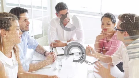 Man at right starting to speak, gesturing as HUD overlays drifting over table Stock Footage 335651838