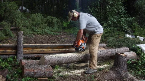 Man Ripping Log With Chainsaw Stock Footage 251242237