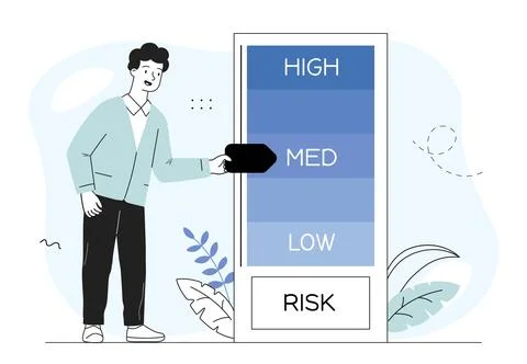 Man with risk management. Young guy assesses risk of investment or business Stock Illustration