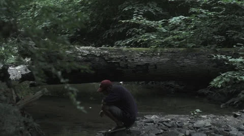 Man by river in woods Video stock 27151292