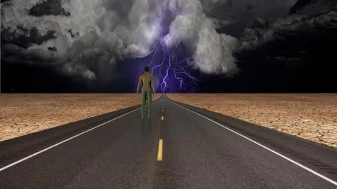 Man on road confronts storm Stock Illustration