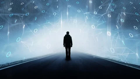 Man on the road with digital computer data animation Stock-Footage 323493803