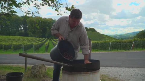 Man roast chestnuts on an open fire Stock Footage 145796881