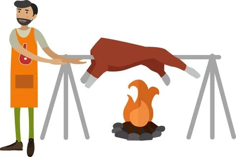 Man roasting lamb on fire vector icon isolated on white Illustrazione stock