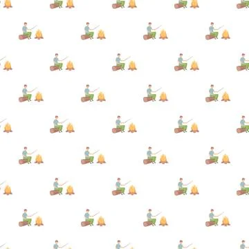 Man roasting marshmallow on stick over campfire pattern Stock Illustration