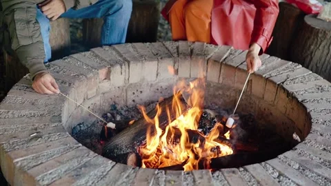 Man Roasting Marshmallows Over a Campfire Rustic Outdoor Scene Stock Footage 302920508