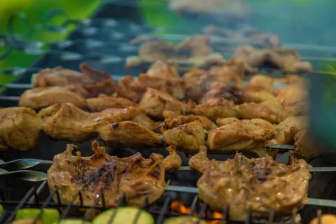 A man roasts meat over a fire. Selective focus. Stock Photos
