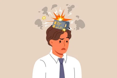 Man robot with exploding computer boards in head due to overload with work tasks イラスト素材