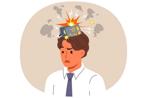 Man robot with exploding computer boards in head due to overload with work tasks イラスト素材