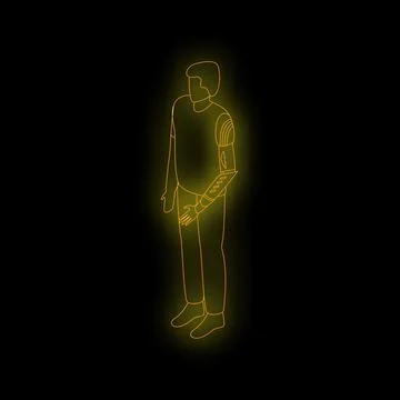 Man with robotic arm standing on black background Stock Illustration