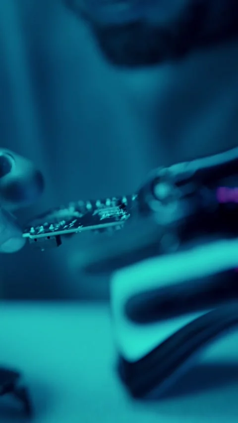 Man with robotic prosthetic hand assembling electronic circuit board Vídeos de archivo 312522770