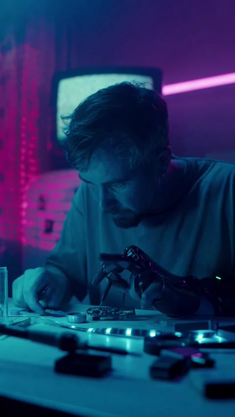 Man with robotic prosthetic hand assembling electronics at workstation 動画素材 312522782