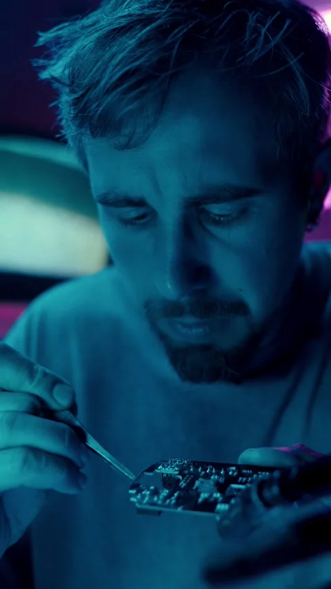 Man with robotic prosthetic hand examining circuit board under neon light 스톡 동영상 312522912