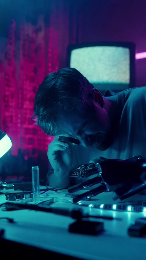 Man with robotic prosthetic hand examining electronics with magnifier Video stock 312523261