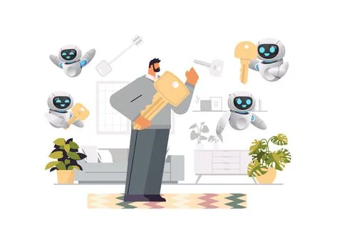 Man with robots helpers holding big key buying or renting new apartment house or Stock Illustration