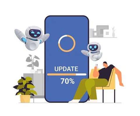 Man with robots helpers updating operating system update process install new Stock Illustration
