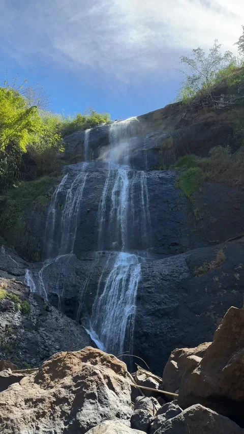 Man on Rock, Camera Pans Up to Waterfall, Lush Green Cliff, Vertical Shot Stock Footage 324769971