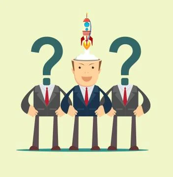 Man with rocket ship launching from his head and question marks Stock Illustration