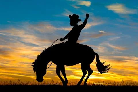 Man on a rodeo horse at sunset Stock Illustration