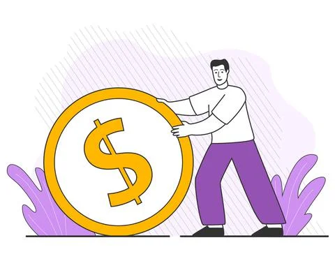 Man rolling coin .Successful guy pushing dollar.Save money. Stock Illustration