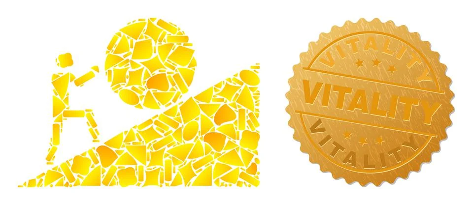 Man Rolling Sphere Up Icon Collage of Gold and Metallic Vitality Badge Stock Illustration