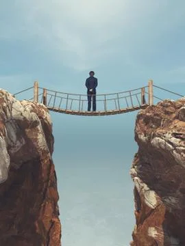 Man rope passing over a bridge suspended between mountains Ilustração Stock