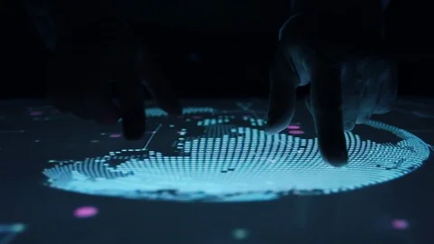 Man rotates celestial map on the touch screen sensory interactive table. Stock Footage 105995885