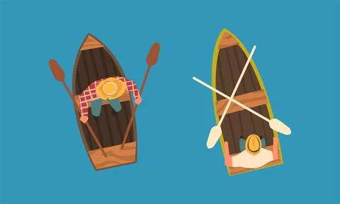 Man Rowing Boat with Paddle or Oar Drifting on Blue Surface of Water Above View Ilustração Stock