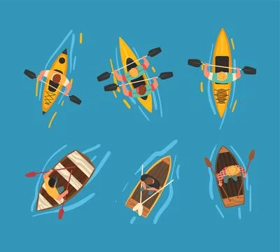 Man Rowing Boat with Paddle or Oar Drifting on Blue Surface of Water Above View Ilustração Stock