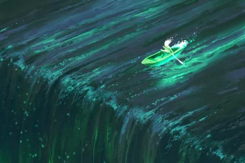 Man rowing in glowing green boat Stock Illustration