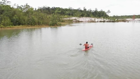 Man Rowing In Kayak On River Stock Footage 157091026